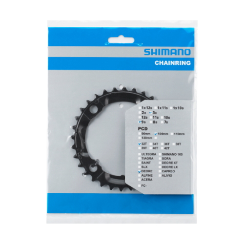 Shimano Deore FC-M590 framdrev, avsett för 3x9 växlar och med 32 tänder, visas i sin förpackning. Den detaljrika bilden visar kedjekransen och tillhörande information.