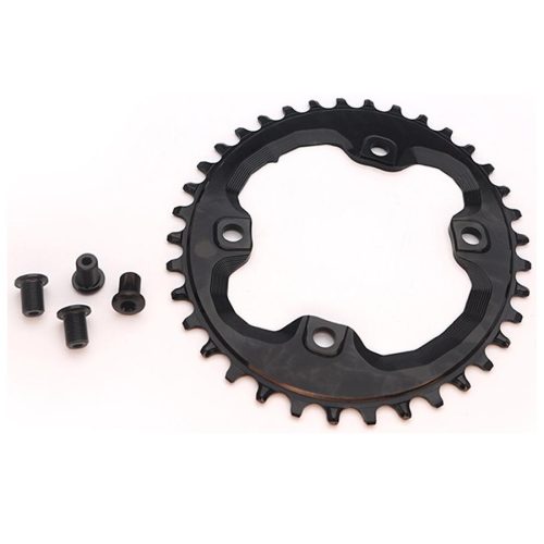 Svart Absoluteblack 96 BCD ovalt framdrev för 1x11 eller 12-växlade cyklar, tillsammans med tillhörande monteringsbultar, avbildat i neutralt ljus mot en vit bakgrund.