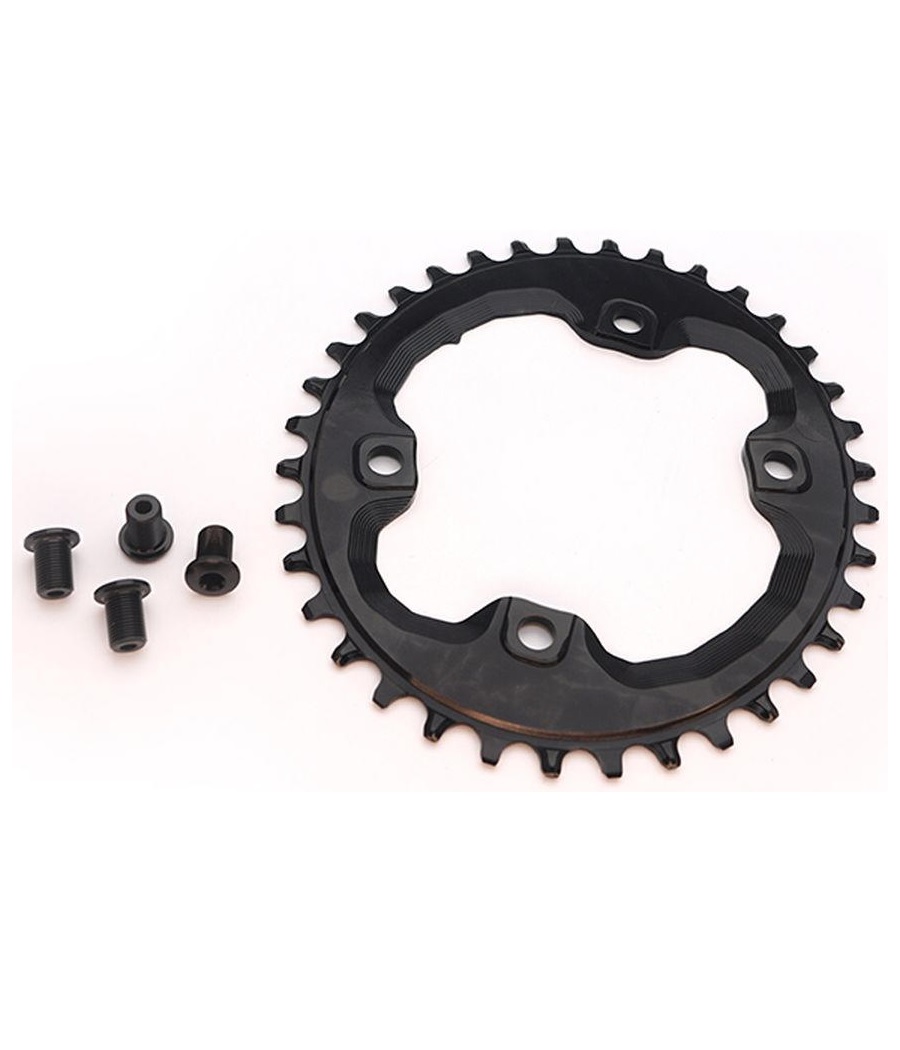 ovxt8000sh36bk Svart Absoluteblack 96 BCD ovalt framdrev för 1x11 eller 12-växlade cyklar, tillsammans med tillhörande monteringsbultar, avbildat i neutralt ljus mot en vit bakgrund.