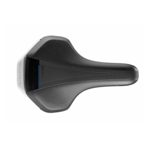Närbild av en svart Selle Royal E-Zone Moderate cykelsadel, perfekt för elcyklar. Elegant design med texturerad yta, framhävd i starkt ljus som avslöjar detaljer.