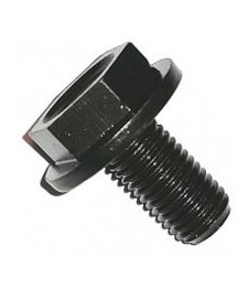 shimano-Bult-vevarm-fyrkantsvevlager En svart vevarmsbult från Shimano, avsedd för 4-kants vevaxel, visas med tydliga detaljer. Bulten är i fokus, med skarpa gängor och en integrerad fläns. Ljuset reflekteras subtilt på ytan.