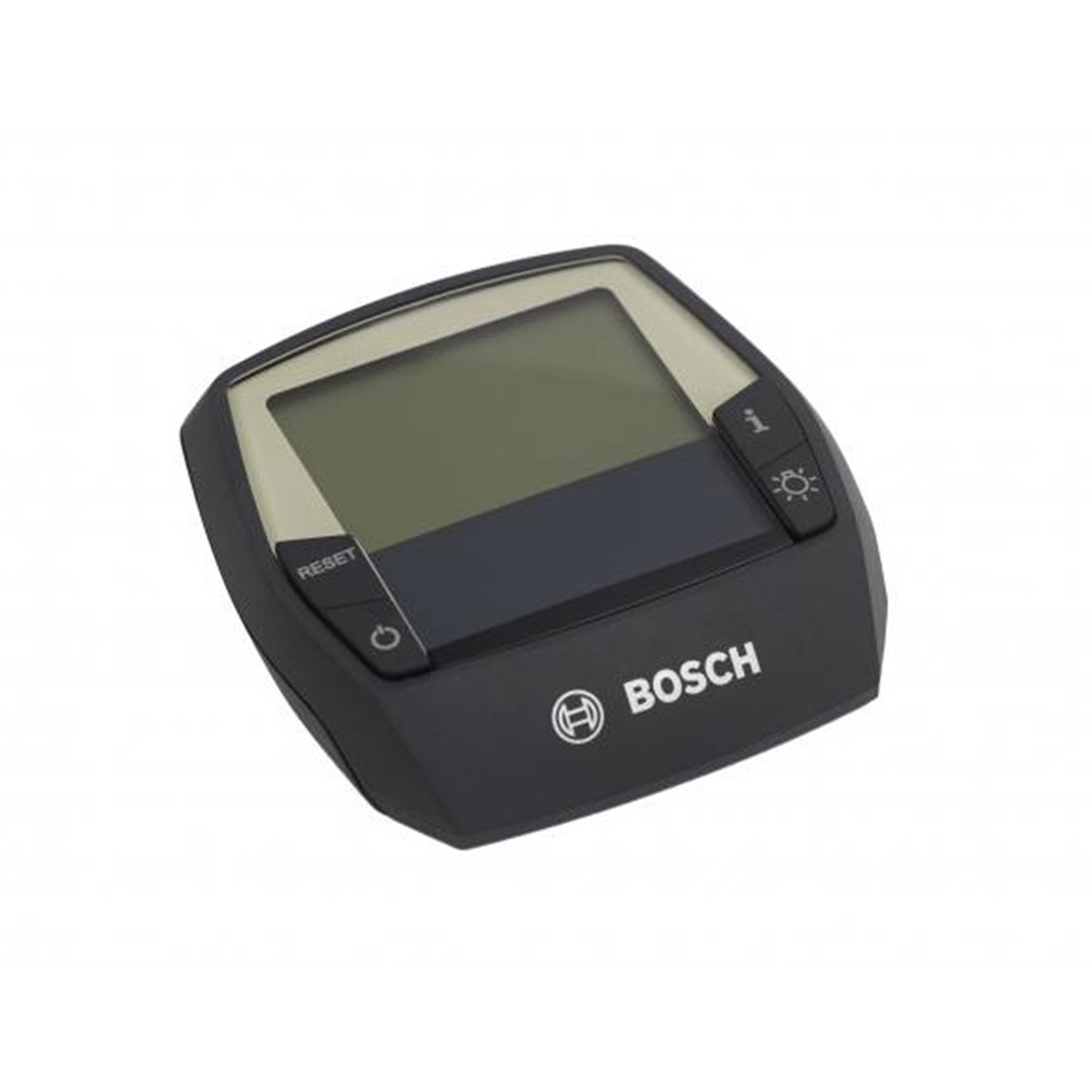 2100220-1200Wx1200H En detaljerad bild av en grå och antracit Bosch Intuvia Display. Belysningen är jämn och avslöjar texturer och subtila detaljer på skärmen och knapparna.