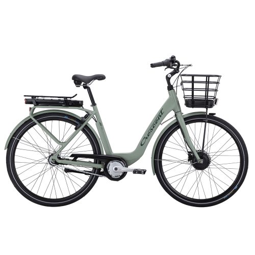 En grön Crescent Elina elcykel med fotbroms och korg fram. Cykeln är stillastående i studiofotografering med jämnt ljus, vilket framhäver detaljerna.