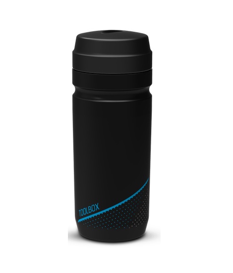 Cube-tool-bottle Svart Cube Tool Bottle, 600 ml, med blå "TOOLBOX" text och mönster. Flaskan står på en vit yta i studiobelysning, vilket skapar ett rent och modernt intryck.