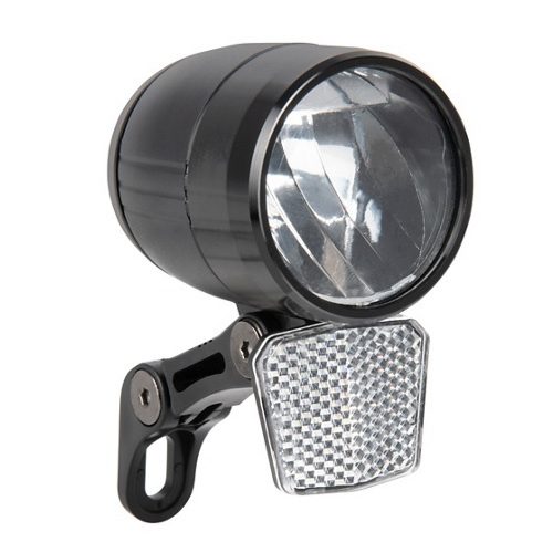 Närbild av OXC E-Street framlampa för elcykel, 6-48 V, med reflex och 160 lumen. Lampan är svart med silverfärgad reflektor, monterad på en svart hållare. Ljust och detaljerat.