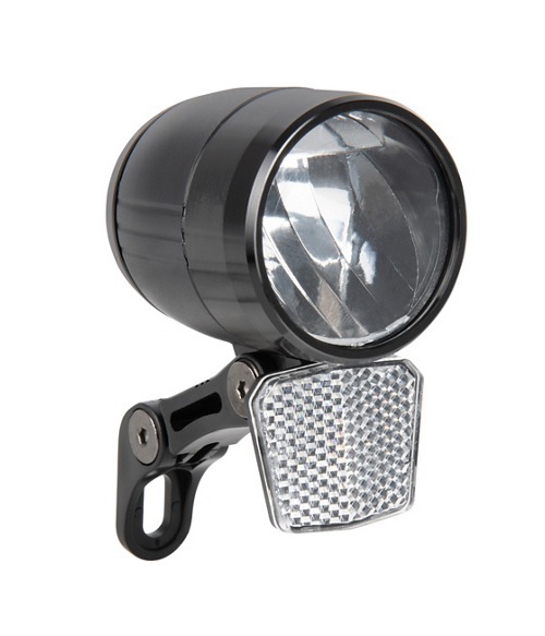 OXC-E-Street-Fram Närbild av OXC E-Street framlampa för elcykel, 6-48 V, med reflex och 160 lumen. Lampan är svart med silverfärgad reflektor, monterad på en svart hållare. Ljust och detaljerat.