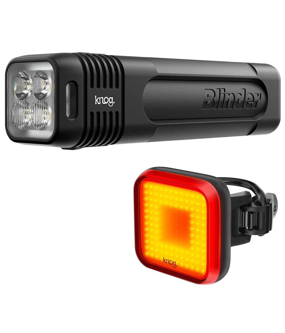 Blinder-900-square Närbild av Knog Blinder 900 framlampa och Blinder Square baklampa. Kraftfull belysning och modern design