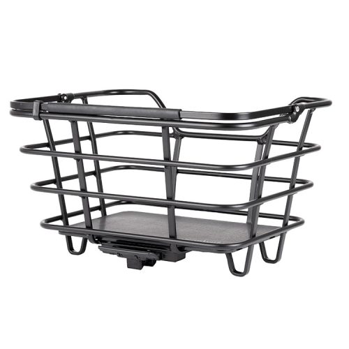 En detaljerad bild av en svart Atran Velo Epic M 23 L cykelkorg, framställd med robusta metallstänger och en platt botten, perfekt för säker transport.