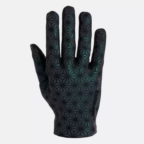 Svart Supacaz Supa G handske med reflekterande geometriskt mönster, framhävd i starkt studioljus som accentuerar de gröna nyanserna och handskens detaljerade design.