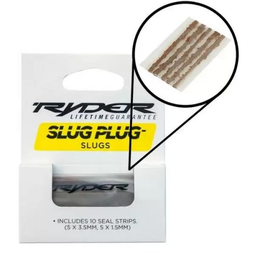 Närbild på Ryder Slug Plug-förpackning, komplett med 10 tätningspluggar i två storlekar. Stark belysning framhäver produktens design och detaljer, vilket ger ett klart och tydligt intryck av innehållet.