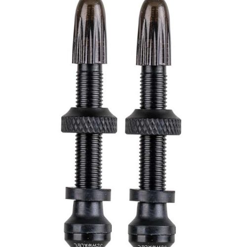 Två Schwalbe UST-ventiler i svart, 40 mm långa, med tydliga detaljer och gängor. Bilden visar produkten tydligt mot en vit bakgrund, väl belyst.