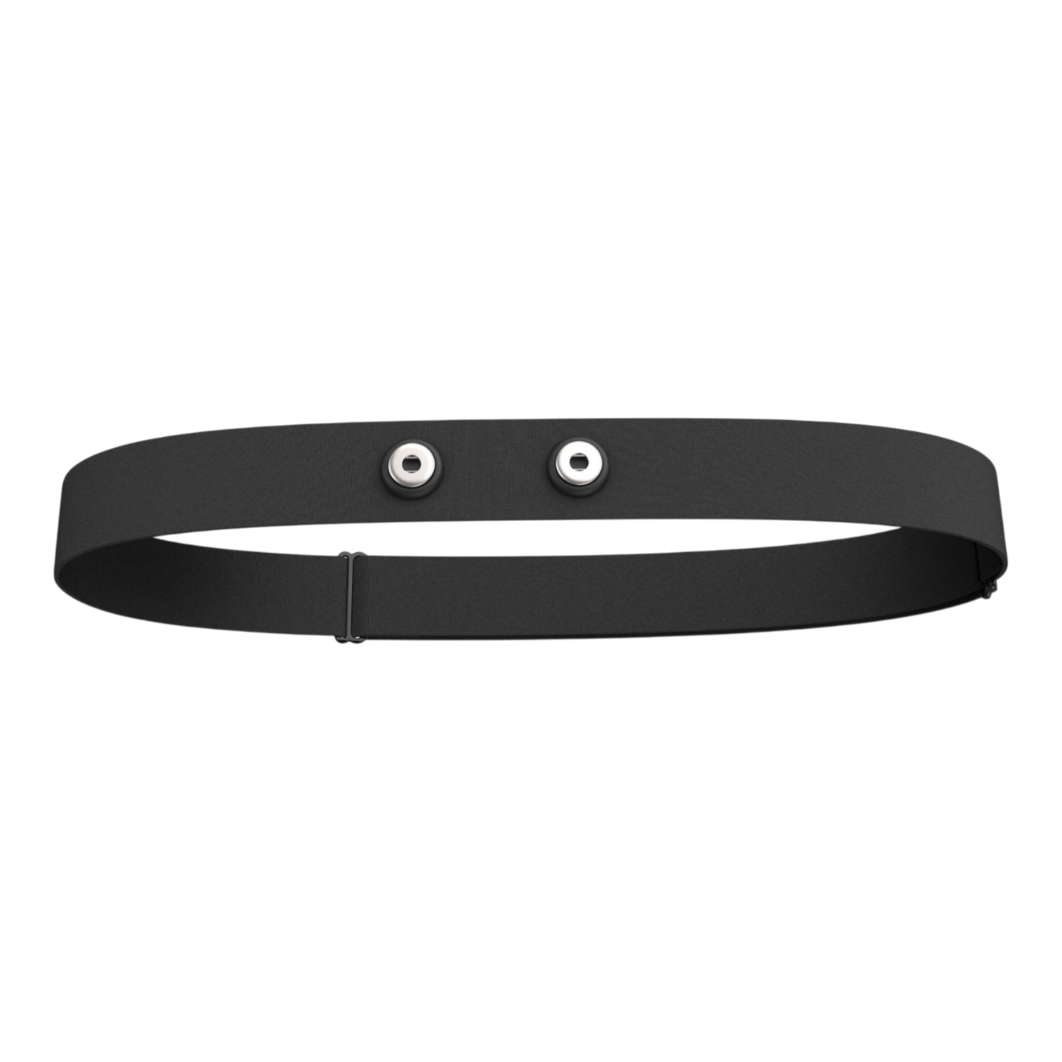 Wahoo_TRACKR-Heart-Rate_WFBTHR05W_LoopStrap_NoDevice-scaled Pulsband Wahoo TRACKR HEART RATE Utbytesband - Normal/XL är ett svart justerbart band med två tryckknappar i metall, som visas på en vit bakgrund.