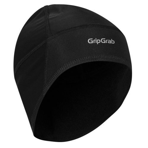 En svart GripGrab Windster hjälmmössa i närbild. Mössan har en vindproof design och är tillverkad i termiskt material. Logotypen "GripGrab" syns tydligt på sidan.