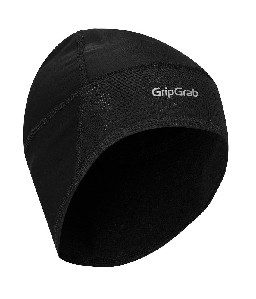 Windster-vuxen En svart GripGrab Windster hjälmmössa i närbild. Mössan har en vindproof design och är tillverkad i termiskt material. Logotypen "GripGrab" syns tydligt på sidan.