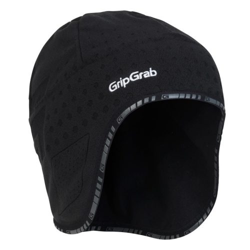 En svart GripGrab Aviator hjälmmössa framifrån, med tydlig logotyp och vindskyddande design, fotograferad i studioljus. Materialet har en subtil textur och reflekterande detaljer.