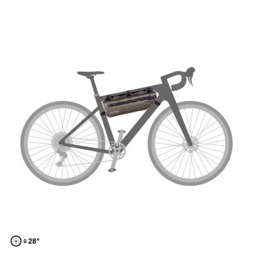 En gruscykel siluett med en Ortlieb Gravel ramväska i "dark sand" monterad. Cykelns konturer är i grått mot en ren vit bakgrund, vilket framhäver ramväskans sandfärg.