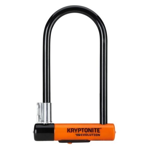 Bygellås av märket Kryptonite Evolution Series 4, i orange och svart, med en kraftig bygel. Låset är SSF-godkänt och avsett för säker cykelparkering.