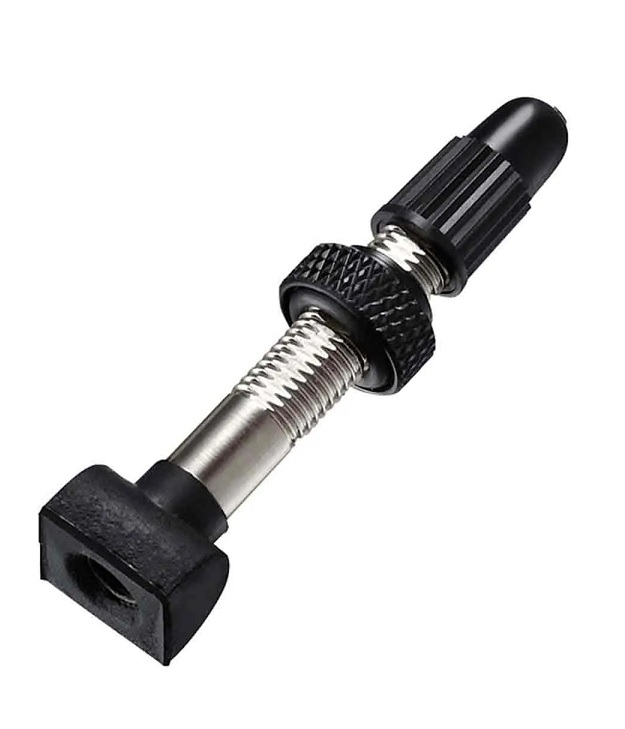 shimano-valve-M975 Detaljerad bild av en UST-ventil Shimano WH-M975/988, 1 styck, 40 mm. Metallisk stam med svarta detaljer, avbildad i ett skarpt ljus som framhäver dess textur och form.