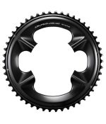 En svart Shimano Dura-Ace FC-R9200 framdrev, belyst för att framhäva dess precisa design och blanka yta. Detaljer som tänderna och monteringspunkterna syns tydligt mot den vita bakgrunden.