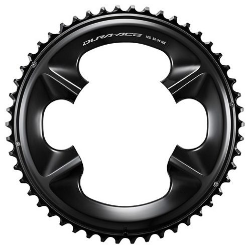 En svart Shimano Dura-Ace FC-R9200 framdrev, belyst för att framhäva dess precisa design och blanka yta. Detaljer som tänderna och monteringspunkterna syns tydligt mot den vita bakgrunden.