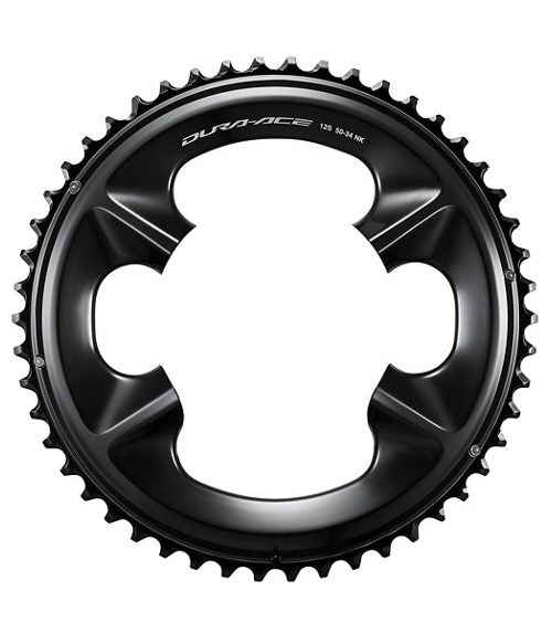 DA-FC-R9200-50 En svart Shimano Dura-Ace FC-R9200 framdrev, belyst för att framhäva dess precisa design och blanka yta. Detaljer som tänderna och monteringspunkterna syns tydligt mot den vita bakgrunden.