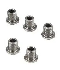 Fem silverfärgade drevbultar Shimano Ultegra FC-6603, arrangerade mot en vit bakgrund. Detaljerade gängor och insexhuvuden syns tydligt i det jämna ljuset.