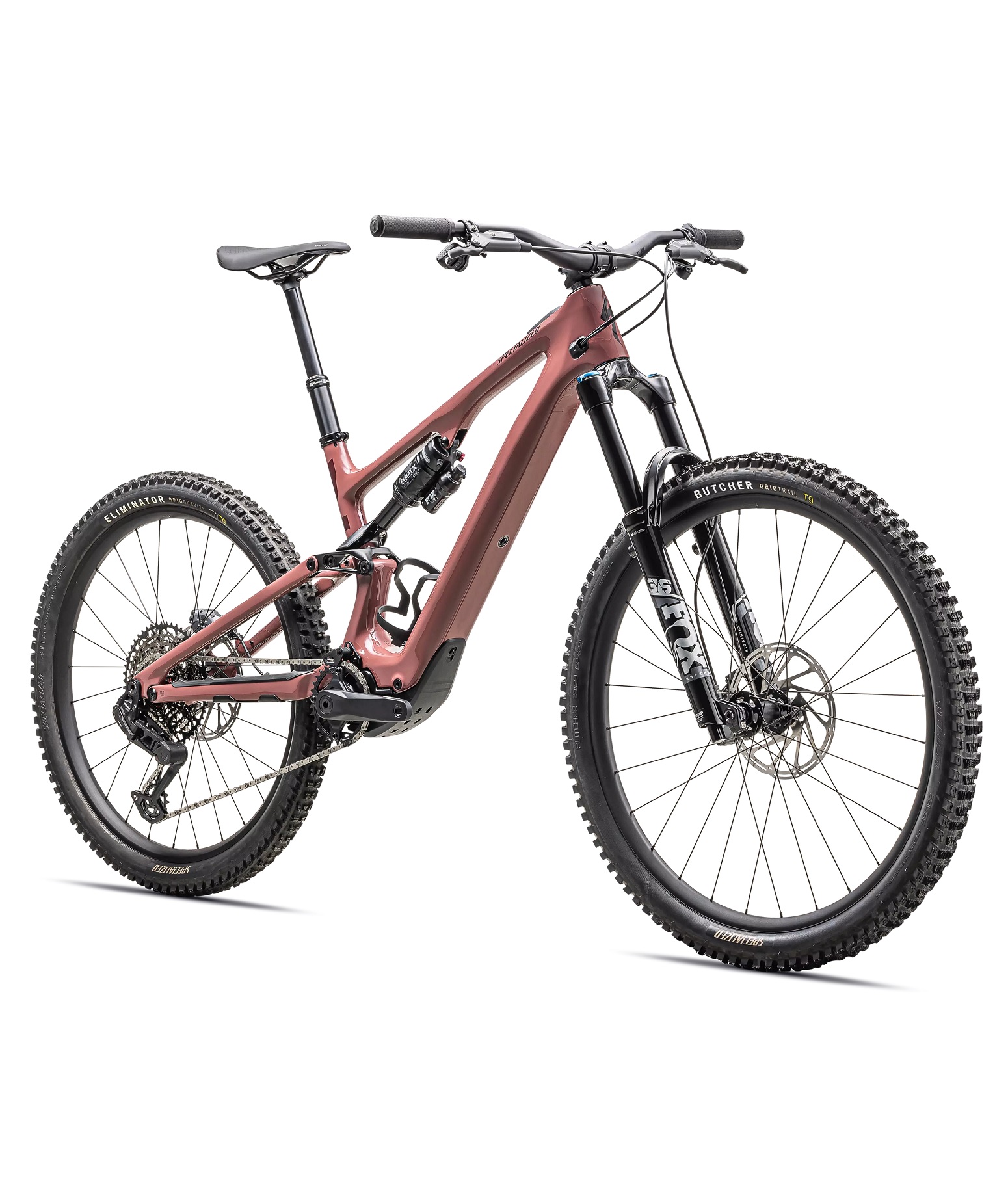 LEVO-SL-COMP-CARBON-UL-SPC-MRN-OBSD Röd Specialized Levo SL 2 Comp carbon el-mountainbike i detalj, fångad i studiobelysning mot en vit bakgrund. Visar cykelns design och komponenter.