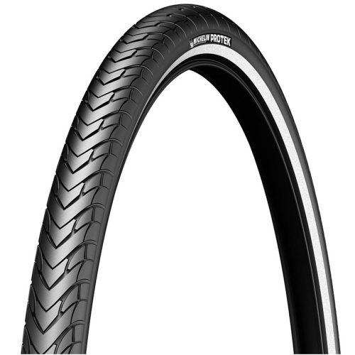 Michelin Protek däck 47-559 mm 26x1,85". Detaljerad bild av däckmönstret och den reflekterande sidoväggen. God belysning framhäver däcket mot en neutral bakgrund.