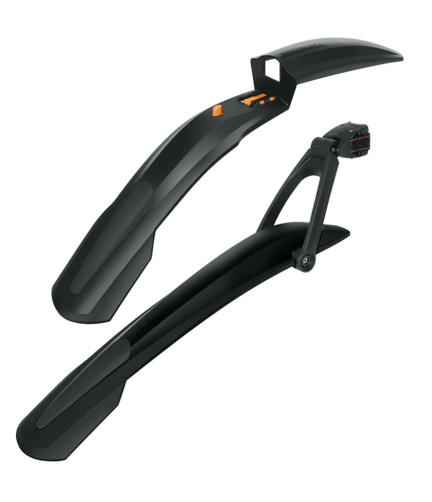 SKS-X-Blade-Shock-Blade Ett par svarta SKS X-blade och Shockblade skärmar för 26/27,5 eller 29/27,5 Plus-cyklar. Produktfotografering i studio med skarp fokus och detaljerad återgivning.