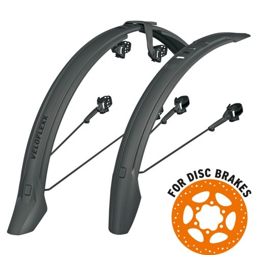 Mörkgråa SKS Veloflexx 65 skärmar för 29-tums cyklar, fram och bak, med monteringsdetaljer och en symbol för skivbromsar. Studioljus framhäver produktdetaljerna.