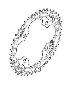 Shimano-framdrev-M361-42 Detaljerat linjeteckning av ett Shimano FC-M361 framdrev, framställt i en ren, teknisk stil. Belysningen är jämn och framhäver kedjehjulets komplexa design med hål och kuggar.