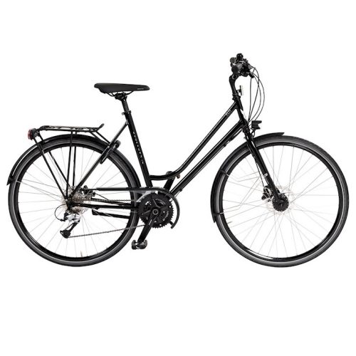 Skeppshult Elit damcykel i spegelsvart, väl belyst med detaljerade komponenter synliga. Klassisk design med pakethållare och skärmar, avbildad i en ren och professionell studio.