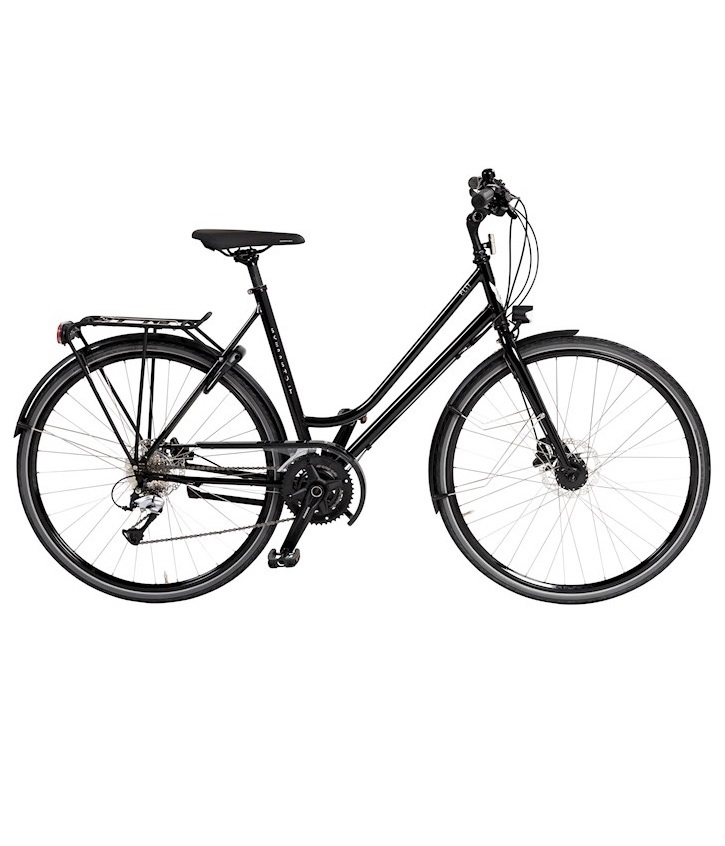 Skeppshult-Elite-2-9-spegel-dam Skeppshult Elit damcykel i spegelsvart, väl belyst med detaljerade komponenter synliga. Klassisk design med pakethållare och skärmar, avbildad i en ren och professionell studio.