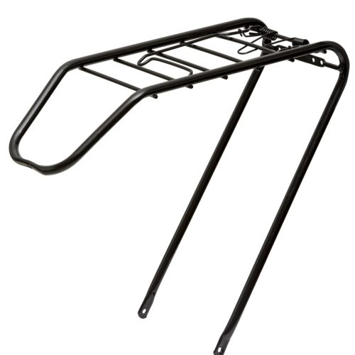 Svart Spectra pakethållare för 28-tums cyklar, framträdande i starkt ljus. Fokus på den robusta konstruktionen och fästpunkter, perfekt för 56 cm ram.
