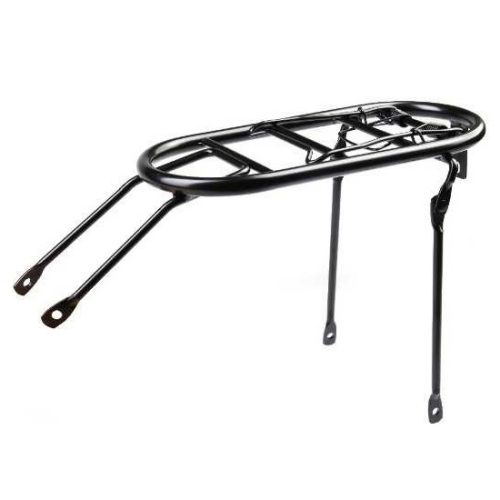 Svart Spectra pakethållare för 16-tums cykel, med robust konstruktion och monteringspunkter. Fotografiet är taget i studiobelysning mot en vit bakgrund, vilket framhäver produktens detaljer.