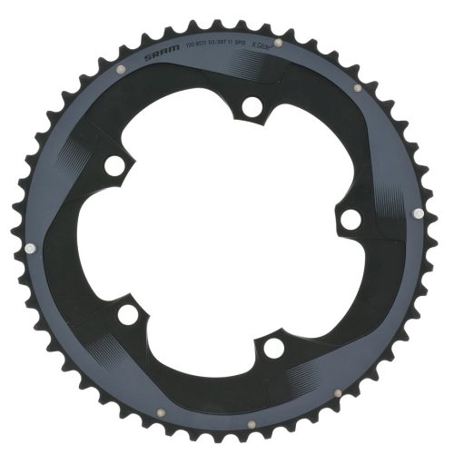 Sram Force 22 X-Glide framdrev, designat för 2x11s växlar och med 39/53T konfiguration. Detaljerad bild med fokus på kedjehjulens tänder och märkningar, fotograferat i bra ljus.