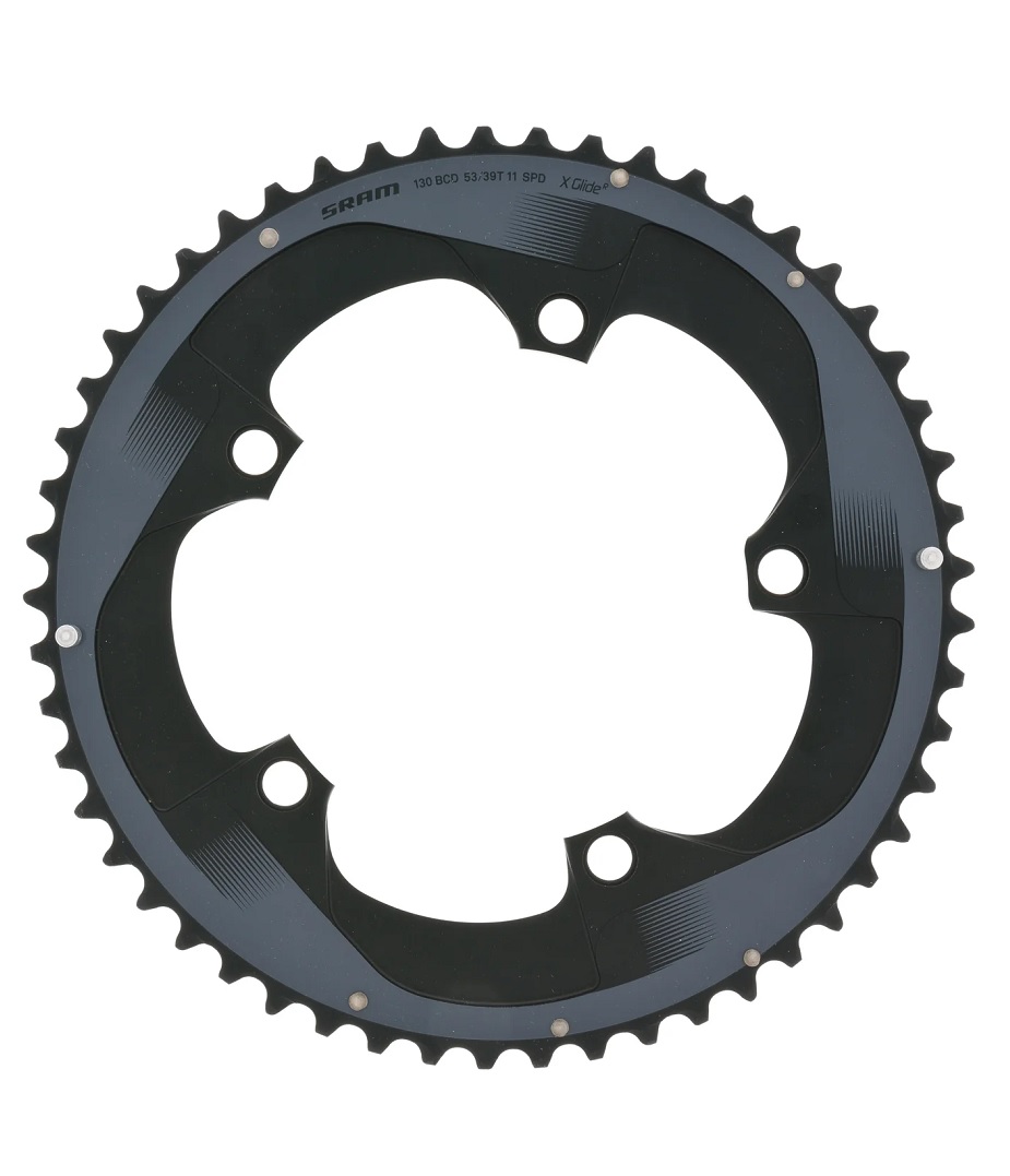 Sram-Force22-39-130 Sram Force 22 X-Glide framdrev, designat för 2x11s växlar och med 39/53T konfiguration. Detaljerad bild med fokus på kedjehjulens tänder och märkningar, fotograferat i bra ljus.