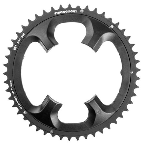 Svart Framdrev Stronglight CT2, 110 mm, designat för Shimano Ultegra FC-6800, i detaljrik närbild. Metalliskt och precisionsfräst med "STRONGlight" tydligt synligt. Studioljus framhäver formen.