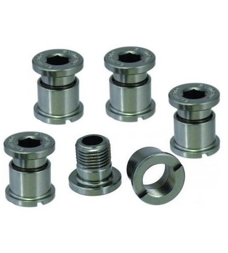 Sju precisionsfrästa drevbultar Shimano Ultegra FC-6600 i rostfritt stål, ordnade mot en ljus bakgrund. Detaljrikedom framhäver gängor och sexkantshuvuden i ett skarpt, jämnt ljus.