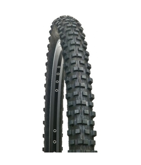 spectra-dirt-roller Närbild av ett Spectra Dirt Roller-däck, 62-559 mm 26x2,35", framhävt mot en ljus bakgrund. Däcket visar ett grovt, fyrkantigt mönster, med fokus på detaljerna i mönstret och fälgen.