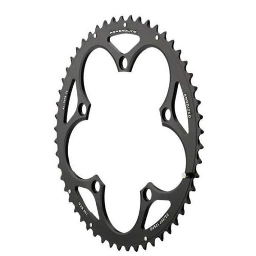 Närbild av ett svart Framdrev Sram Power Glide™ Force/Rival/Apex. Framdrevet är belyst och mot en vit bakgrund. Med text som 'POWERGLIDE', 'ANODIZED', '130 BCD' och '53/39T 10SPD'.