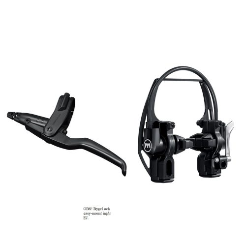 Svarta hydrauliska fälgbromsar Magura HS-11, fram, visas mot en vit bakgrund. Detaljerade bilder av bromshandtaget och monteringsbygeln med tydlig skärpa och jämnt ljus.