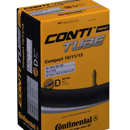Detaljerad bild av en Continental Compact 10/11/12 cykelslangförpackning. Den gula kartongen har svart text och produktinformation. Stämningen är produktfokuserad med tydlig belysning.