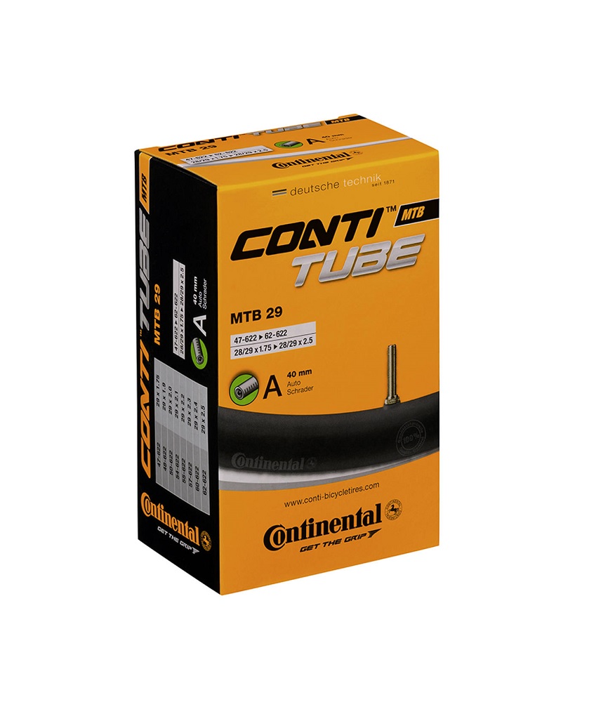 Conti-MTB-29-Schrader En Continental MTB 28/29"-slangförpackning i klara, varma färger. Förpackningen är av kartong och ljuset framhäver texten och bilden av slangen på framsidan.