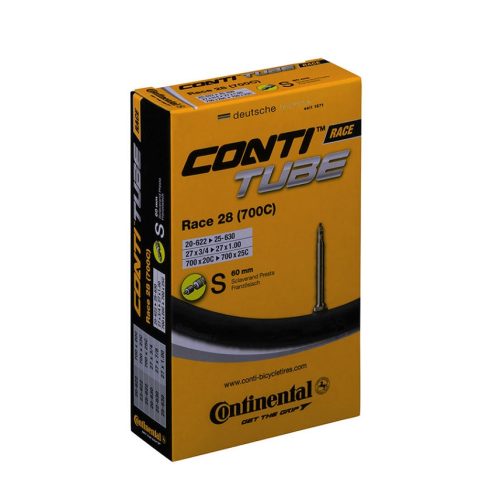 Ett Continental Race 28 (700C) cykelslangspaket i gult och svart. Paketet visar däckstorlekar och en Presta-ventil. Starkt ljus framhäver produktinformationen.