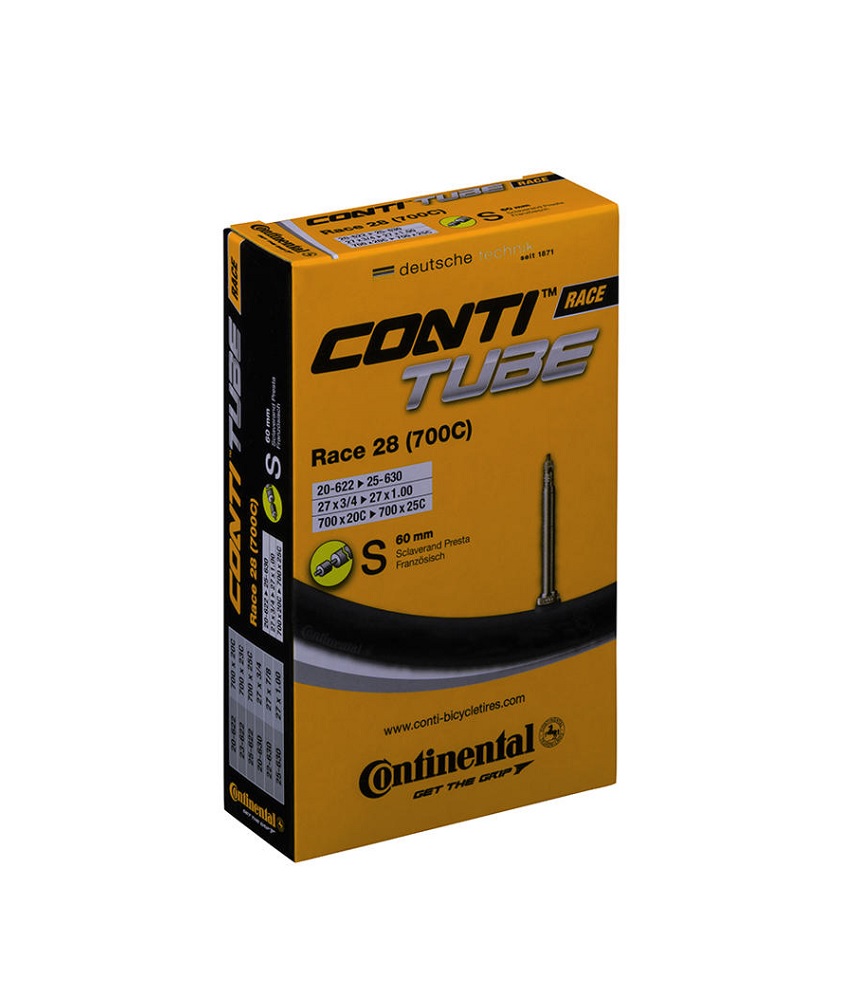 Conti-Race-28-60 Ett Continental Race 28 (700C) cykelslangspaket i gult och svart. Paketet visar däckstorlekar och en Presta-ventil. Starkt ljus framhäver produktinformationen.