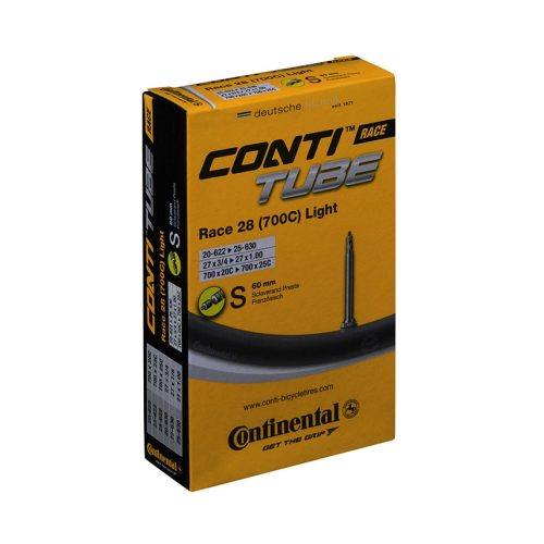 En Continental Race 28 (700C) Light cykelslangförpackning, upplyst med mjukt ljus, framhäver texten och varumärket. Detaljerad information om däckstorlekar och ventiltyp syns tydligt.
