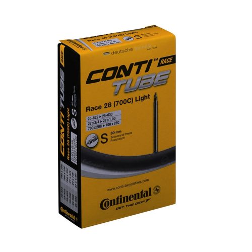 Produktbild av en Continental Race 28 (700C) Light cykelslangsförpackning. Förpackningen är gul med svart text och logotyper, och en bild av slangen. Bilden har bra belysning och visar detaljerna tydligt.