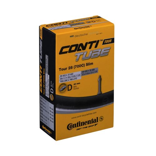Produktbild av en Continental cykelslangförpackning. Fokus ligger på produktens namn och kompatibilitet. Detaljerad information om storlek och ventiltyp är tydligt synliga under stark och jämn belysning.