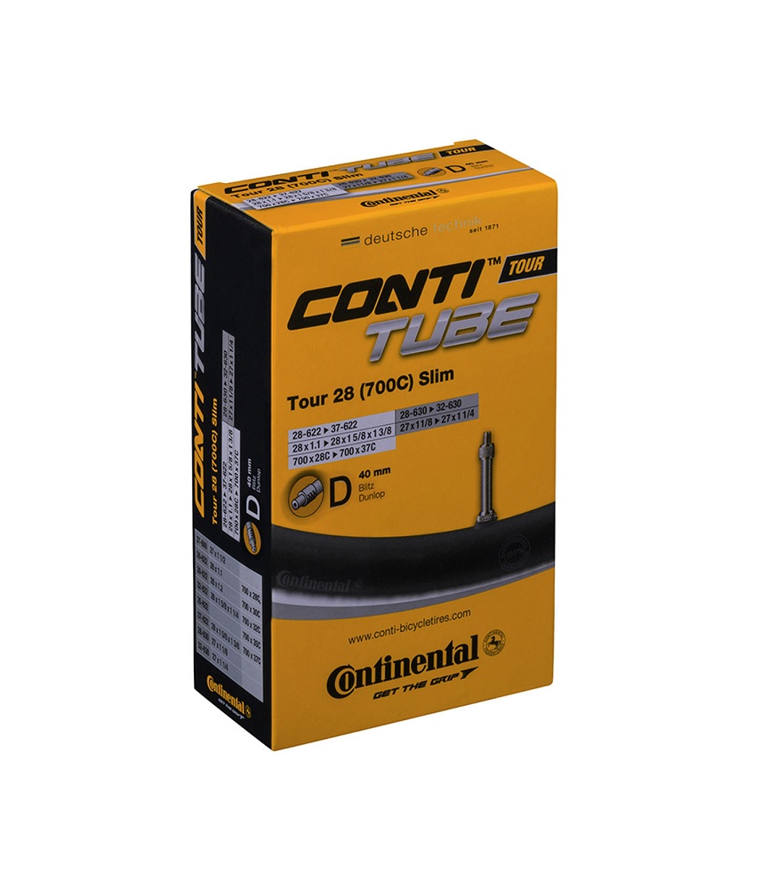 Conti-Tour-Slim-28 Produktbild av en Continental cykelslangförpackning. Fokus ligger på produktens namn och kompatibilitet. Detaljerad information om storlek och ventiltyp är tydligt synliga under stark och jämn belysning.